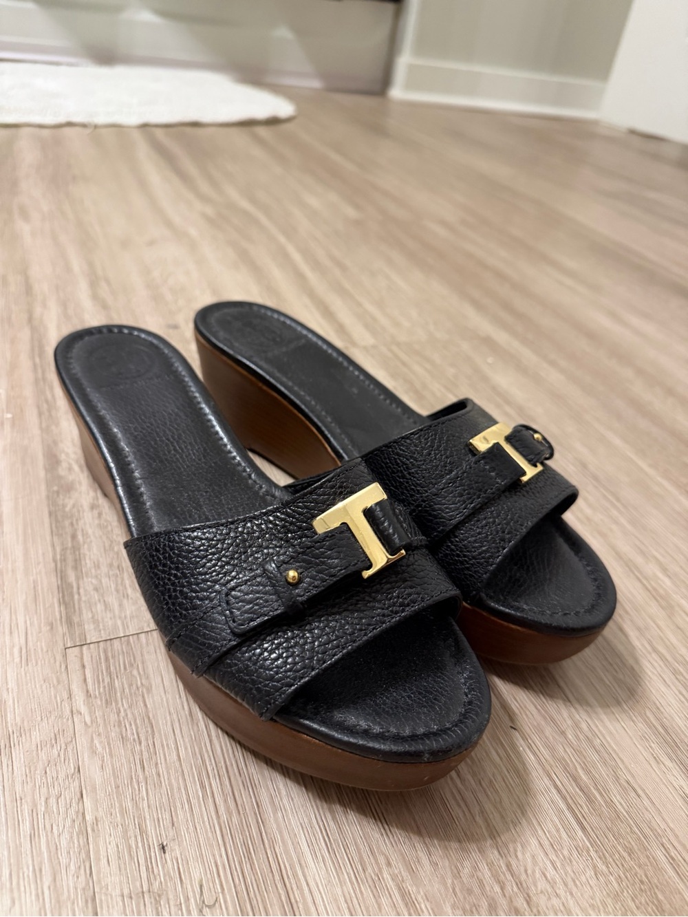 Tory Burch Pebbled Black Leather Wedge Sandals with Gold “T” Hardware